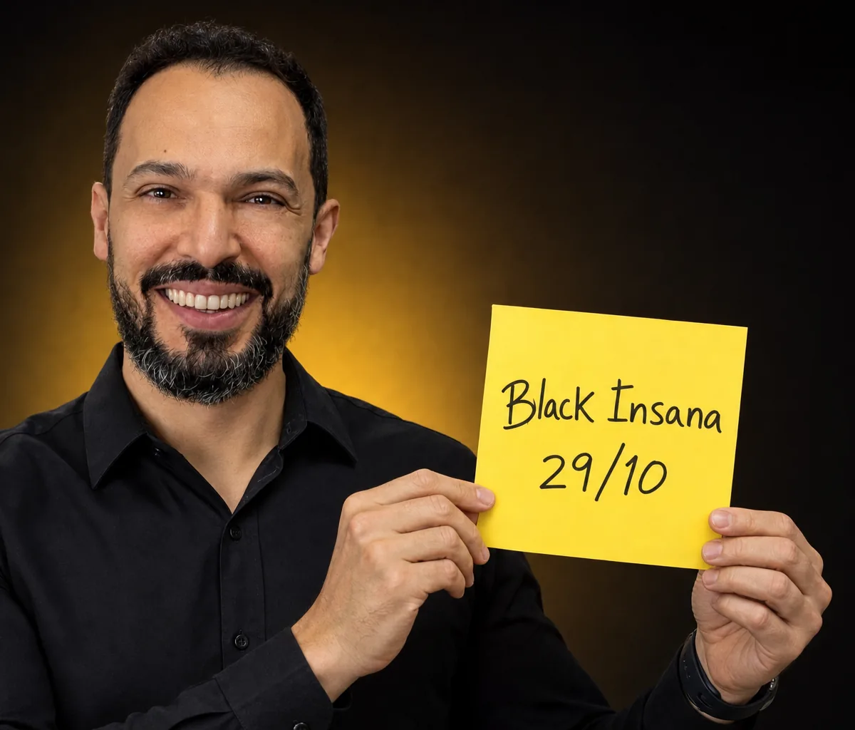 Rodrigo Zago segurando um post-it: Black Insana, 29/10